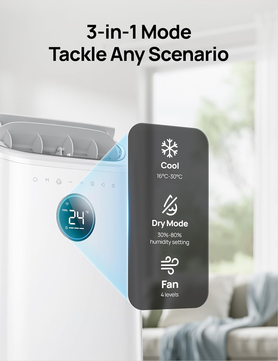 Dreo Smart 3-in-1 Portable Air Conditioner, 12000 BTU Drainage-Free Cooling AC Unit, Silent Mobile Air Conditioner for Bedroom, APP/Voice/Remote Control, 24h Timer with Fan & Dehumidifier, AC516S