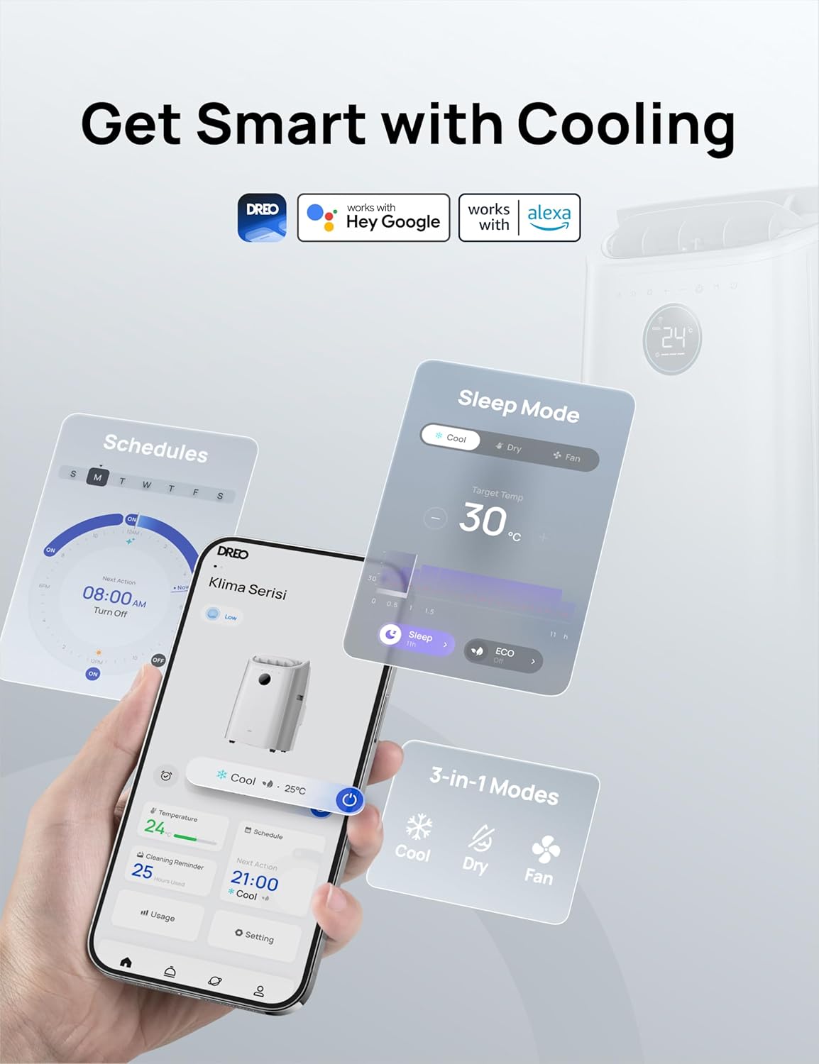 Dreo Smart 3-in-1 Portable Air Conditioner, 12000 BTU Drainage-Free Cooling AC Unit, Silent Mobile Air Conditioner for Bedroom, APP/Voice/Remote Control, 24h Timer with Fan & Dehumidifier, AC516S