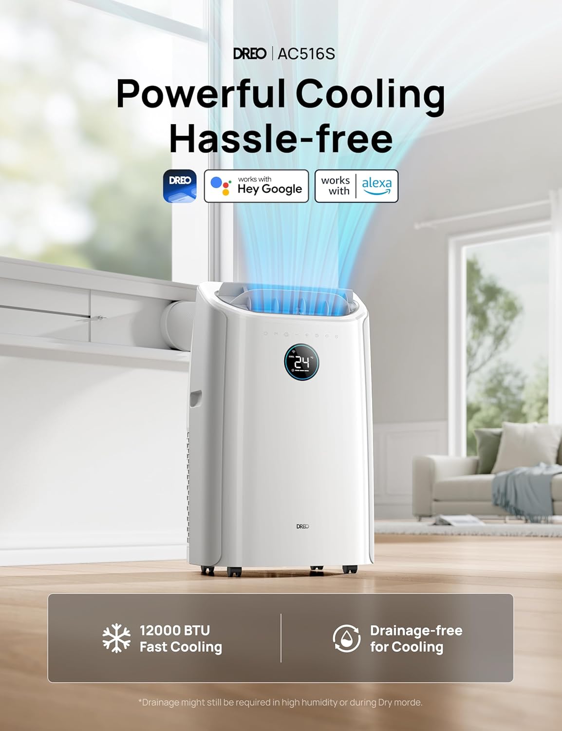 Dreo Smart 3-in-1 Portable Air Conditioner, 12000 BTU Drainage-Free Cooling AC Unit, Silent Mobile Air Conditioner for Bedroom, APP/Voice/Remote Control, 24h Timer with Fan & Dehumidifier, AC516S