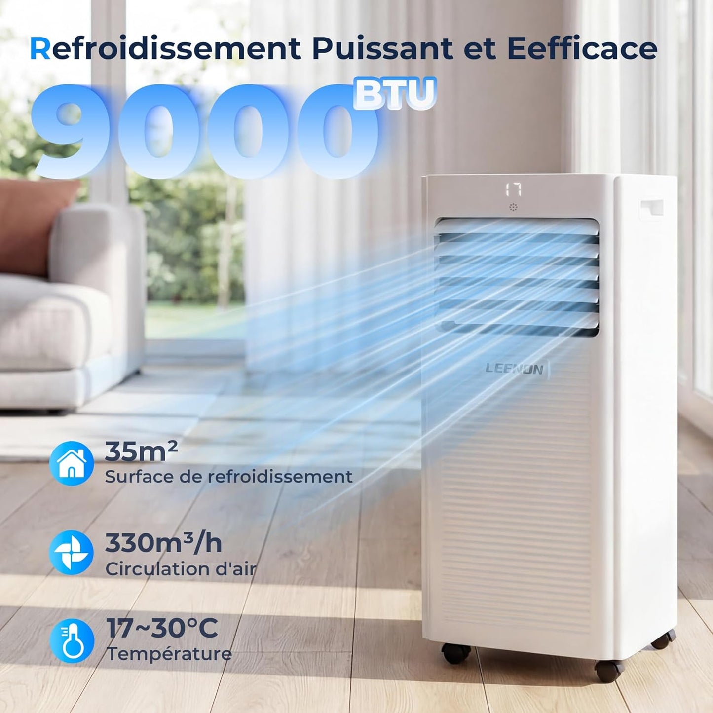 9000 BTU Climatiseur Mobile, LEENON 4 en 1 Climatisation Portable, Déshumidificateur & Ventilateur avec Télécommande, Minuterie 24H, Mode Nuit, Tuyau d'échappement, Mobile Clim pour Maison Bureau
