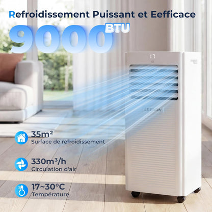 9000 BTU Climatiseur Mobile, LEENON 4 en 1 Climatisation Portable, Déshumidificateur & Ventilateur avec Télécommande, Minuterie 24H, Mode Nuit, Tuyau d'échappement, Mobile Clim pour Maison Bureau