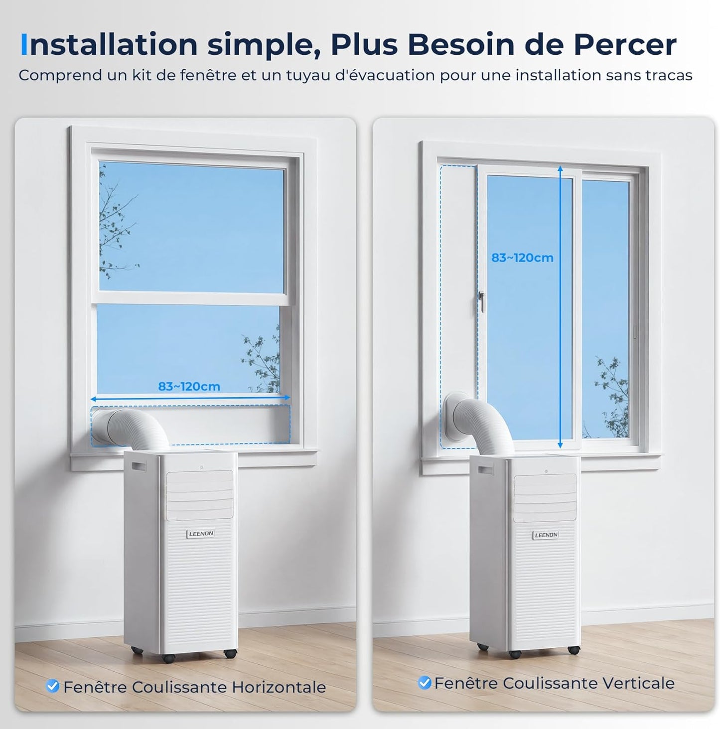 9000 BTU Climatiseur Mobile, LEENON 4 en 1 Climatisation Portable, Déshumidificateur & Ventilateur avec Télécommande, Minuterie 24H, Mode Nuit, Tuyau d'échappement, Mobile Clim pour Maison Bureau