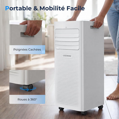 9000 BTU Climatiseur Mobile, LEENON 4 en 1 Climatisation Portable, Déshumidificateur & Ventilateur avec Télécommande, Minuterie 24H, Mode Nuit, Tuyau d'échappement, Mobile Clim pour Maison Bureau