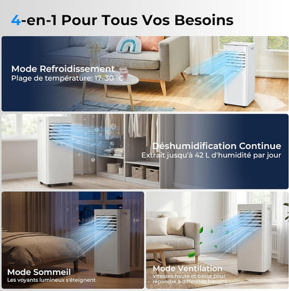 9000 BTU Climatiseur Mobile, LEENON 4 en 1 Climatisation Portable, Déshumidificateur & Ventilateur avec Télécommande, Minuterie 24H, Mode Nuit, Tuyau d'échappement, Mobile Clim pour Maison Bureau