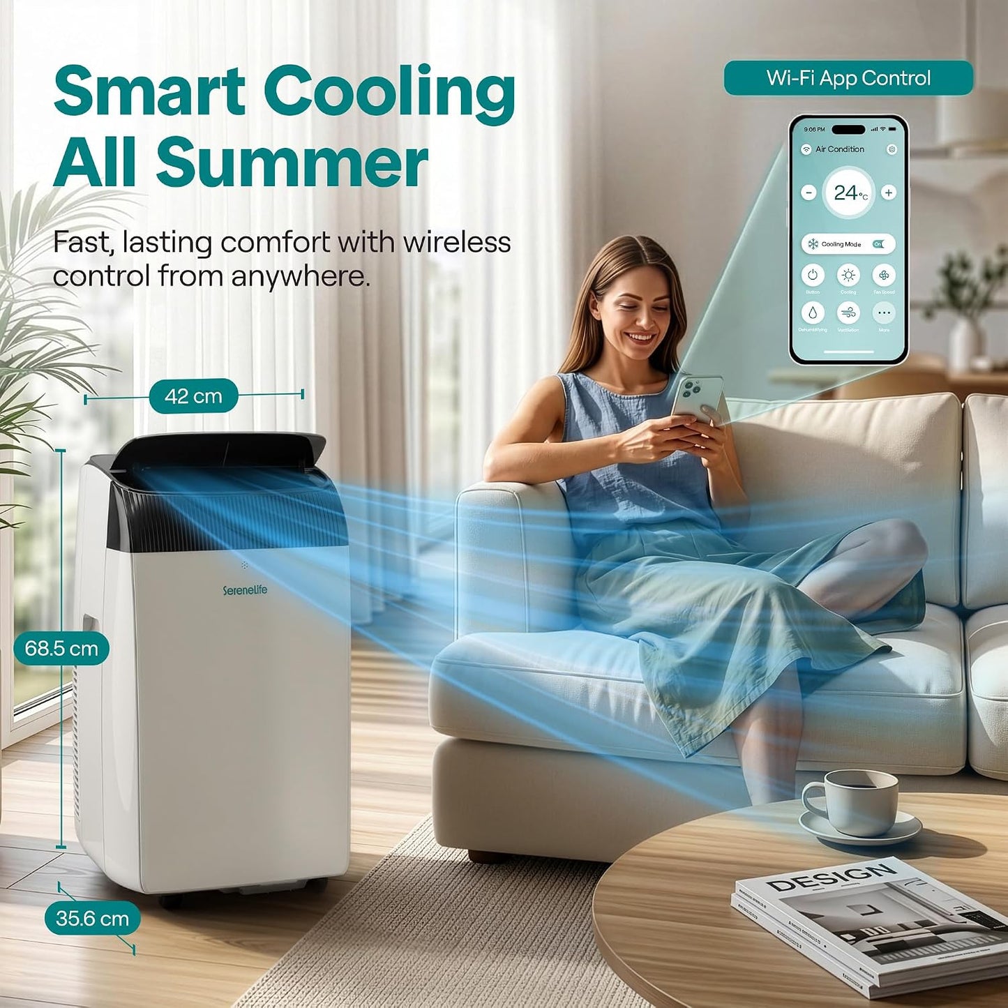 SereneLife Portable Air Conditioner 12000 BTU with Heat & WiFi, Portable AC Air Conditioning Unit, 4-in-1 with Cooling, Heating, Fan & Dehumidifier Modes, Self-Evaporating & Sleep Mode for Living Room