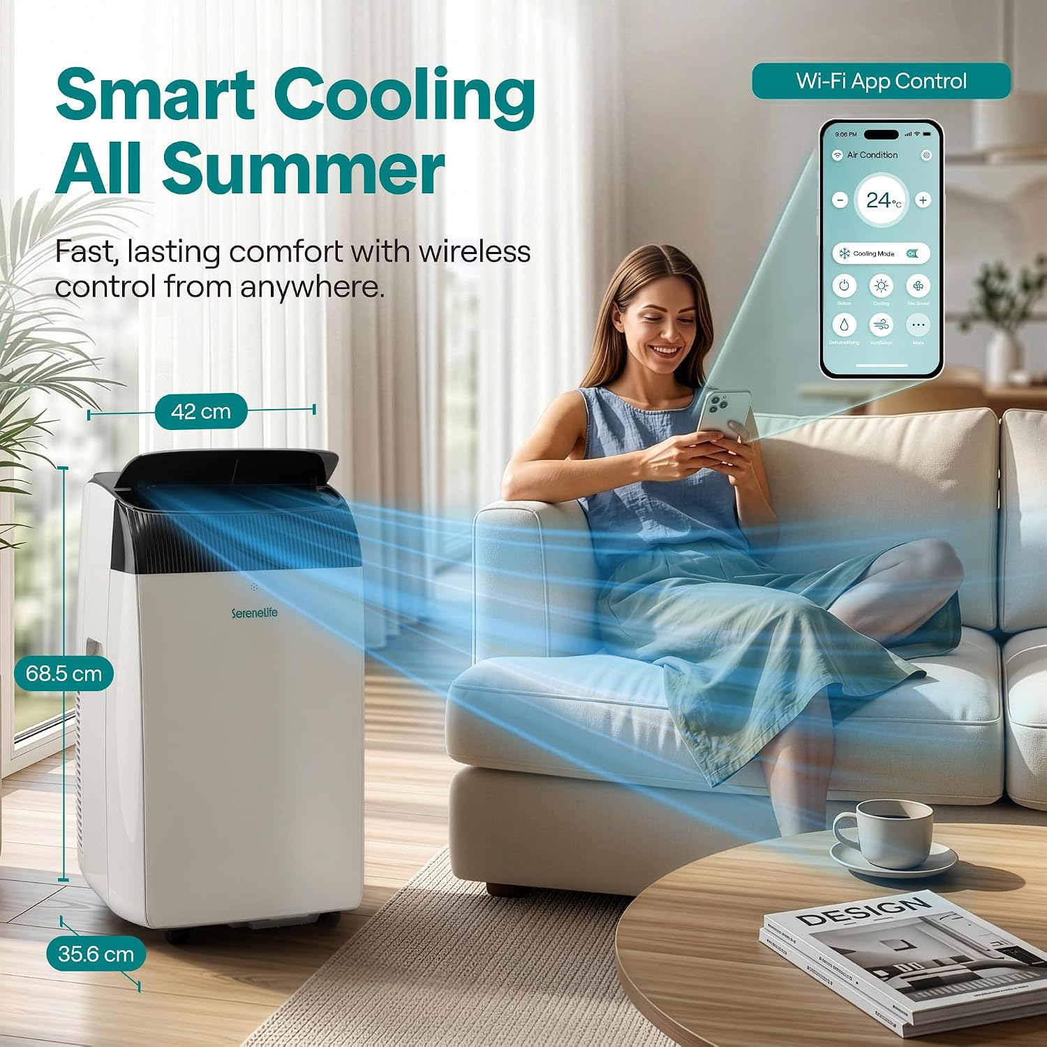 SereneLife Portable Air Conditioner 12000 BTU with Heat & WiFi, Portable AC Air Conditioning Unit, 4-in-1 with Cooling, Heating, Fan & Dehumidifier Modes, Self-Evaporating & Sleep Mode for Living Room
