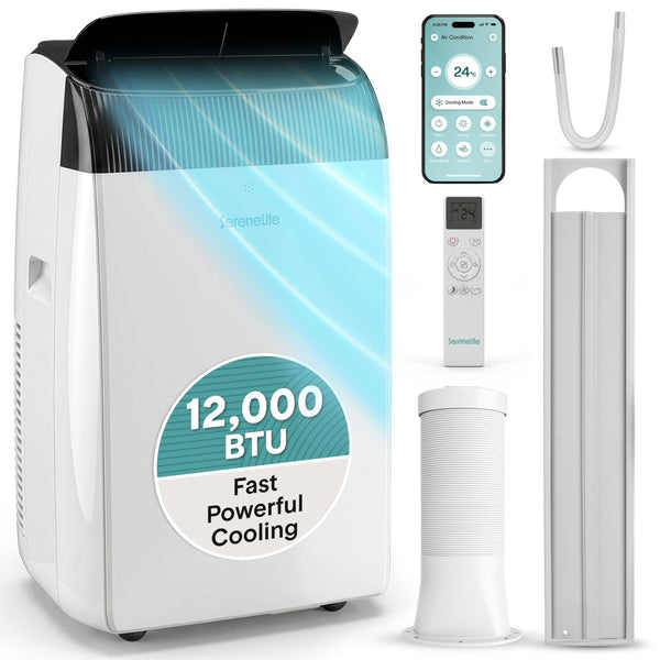 SereneLife Portable Air Conditioner 12000 BTU with Heat & WiFi, Portable AC Air Conditioning Unit, 4-in-1 with Cooling, Heating, Fan & Dehumidifier Modes, Self-Evaporating & Sleep Mode for Living Room