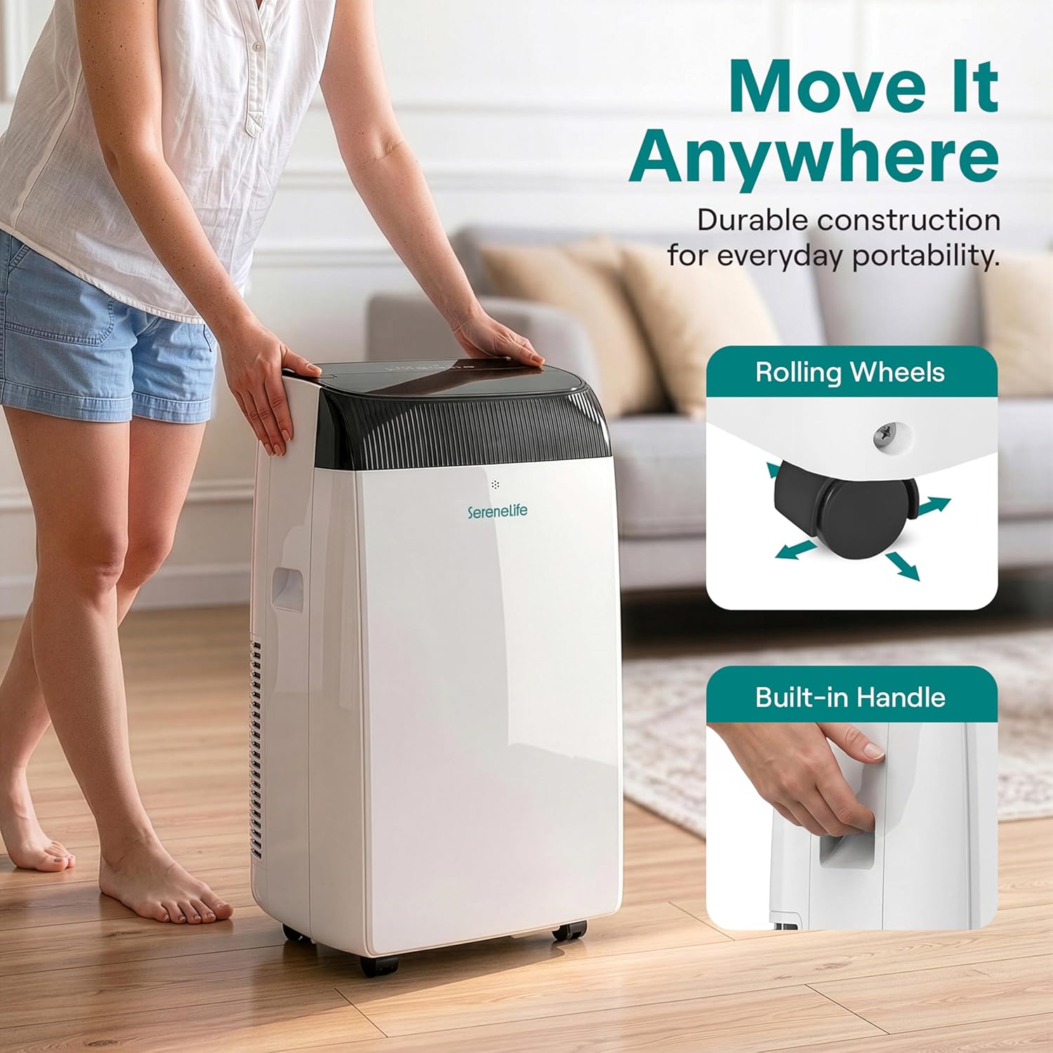 SereneLife Portable Air Conditioner 12000 BTU with Heat & WiFi, Portable AC Air Conditioning Unit, 4-in-1 with Cooling, Heating, Fan & Dehumidifier Modes, Self-Evaporating & Sleep Mode for Living Room