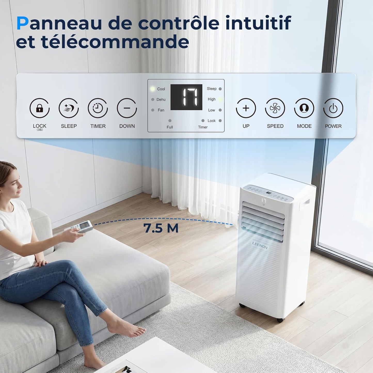 9000 BTU Climatiseur Mobile, LEENON 4 en 1 Climatisation Portable, Déshumidificateur & Ventilateur avec Télécommande, Minuterie 24H, Mode Nuit, Tuyau d'échappement, Mobile Clim pour Maison Bureau