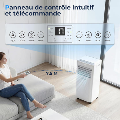 9000 BTU Climatiseur Mobile, LEENON 4 en 1 Climatisation Portable, Déshumidificateur & Ventilateur avec Télécommande, Minuterie 24H, Mode Nuit, Tuyau d'échappement, Mobile Clim pour Maison Bureau