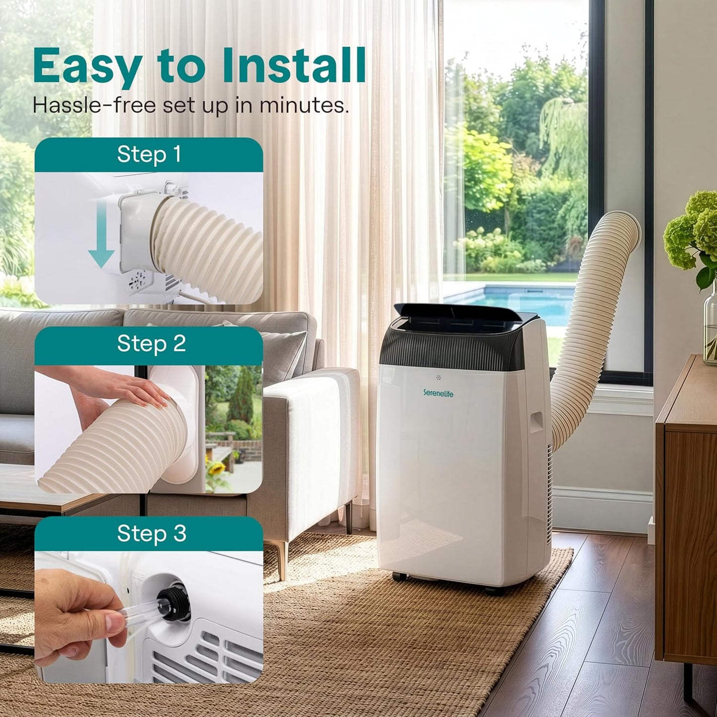 SereneLife Portable Air Conditioner 12000 BTU with Heat & WiFi, Portable AC Air Conditioning Unit, 4-in-1 with Cooling, Heating, Fan & Dehumidifier Modes, Self-Evaporating & Sleep Mode for Living Room