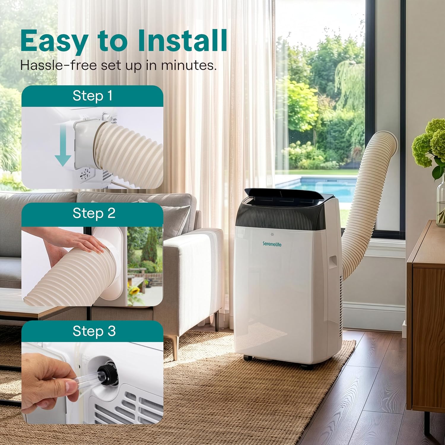 SereneLife Portable Air Conditioner 12000 BTU with Heat & WiFi, Portable AC Air Conditioning Unit, 4-in-1 with Cooling, Heating, Fan & Dehumidifier Modes, Self-Evaporating & Sleep Mode for Living Room