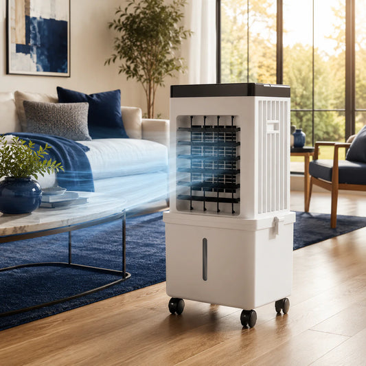 4-in-1 Evaporative Air Cooler with 15L Removable Water Tank — 3 Speeds, 3 Wind Modes, 120° Oscillation, 12hr Timer, Remote Control, 2 Ice Packs