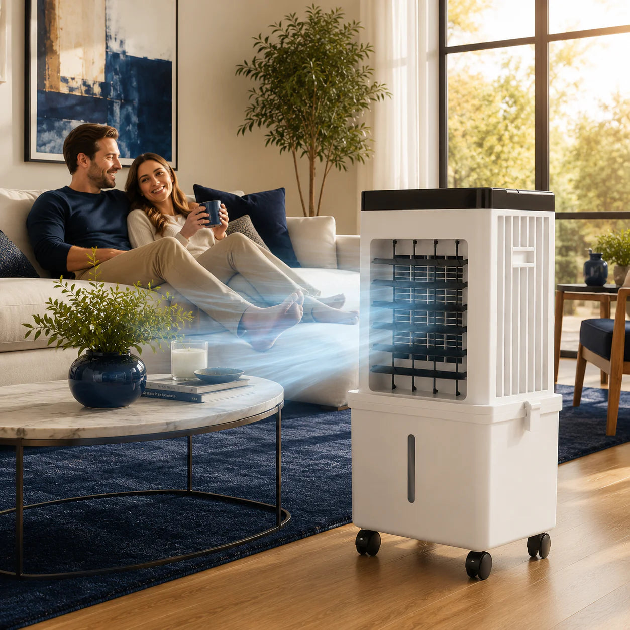 4-in-1 Evaporative Air Cooler with 15L Removable Water Tank — 3 Speeds, 3 Wind Modes, 120° Oscillation, 12hr Timer, Remote Control, 2 Ice Packs