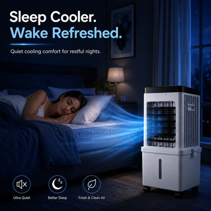 4-in-1 Evaporative Air Cooler with 15L Removable Water Tank — 3 Speeds, 3 Wind Modes, 120° Oscillation, 12hr Timer, Remote Control, 2 Ice Packs